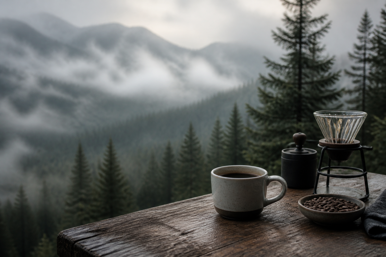 森を望む屋外のテーブルに置かれたコーヒーと抽出器具